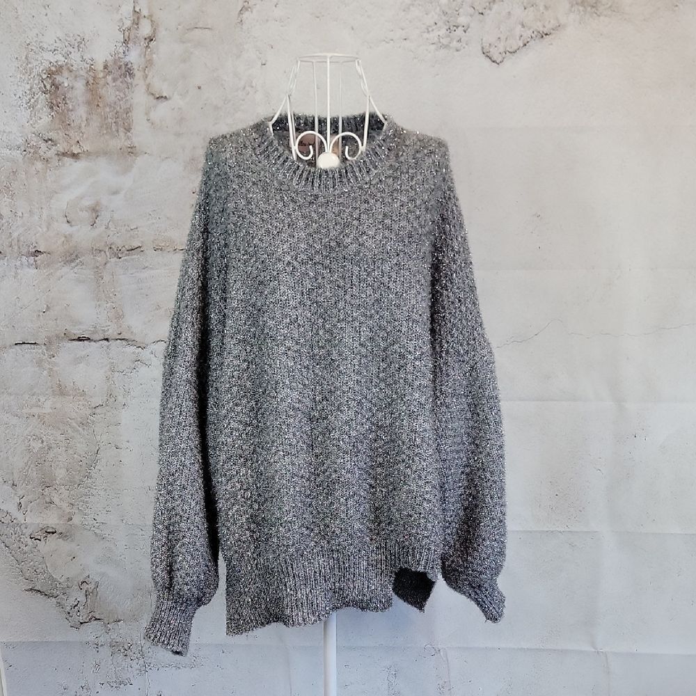 Willow & Root Metallic Silver Knit Pullover Sweater Cut-out Hem Womens Size L